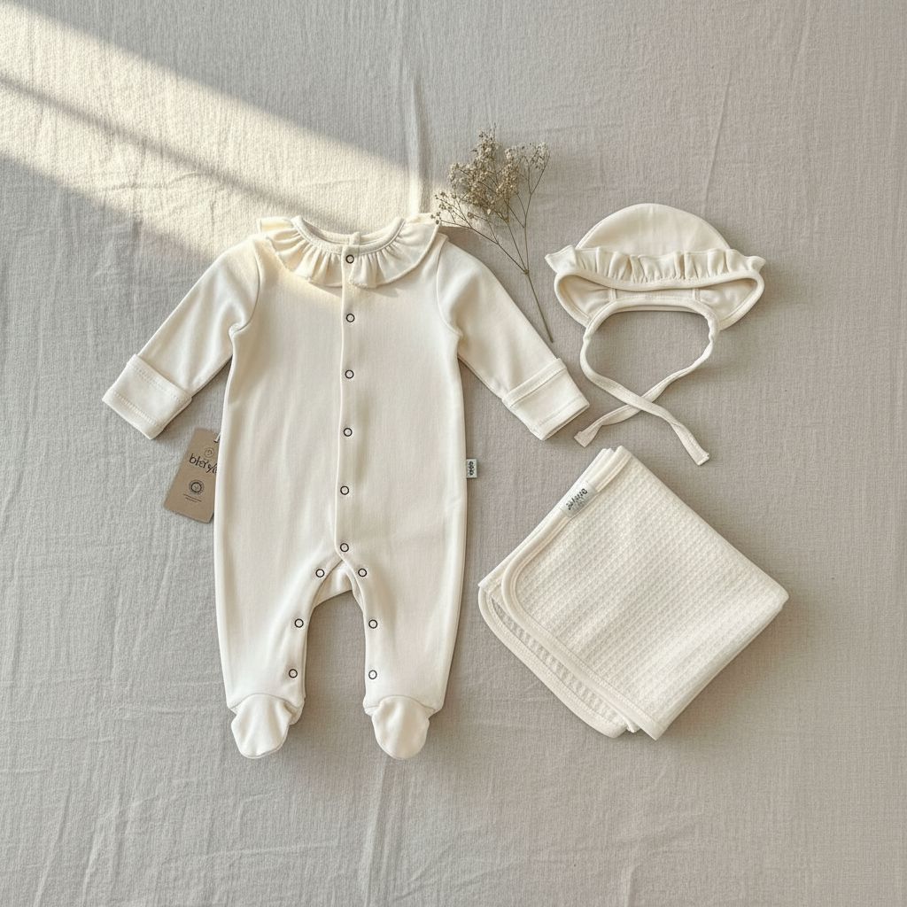 Cream Ruffle Romper Set - 3 Pieces Baby Gift Set Bistyle 