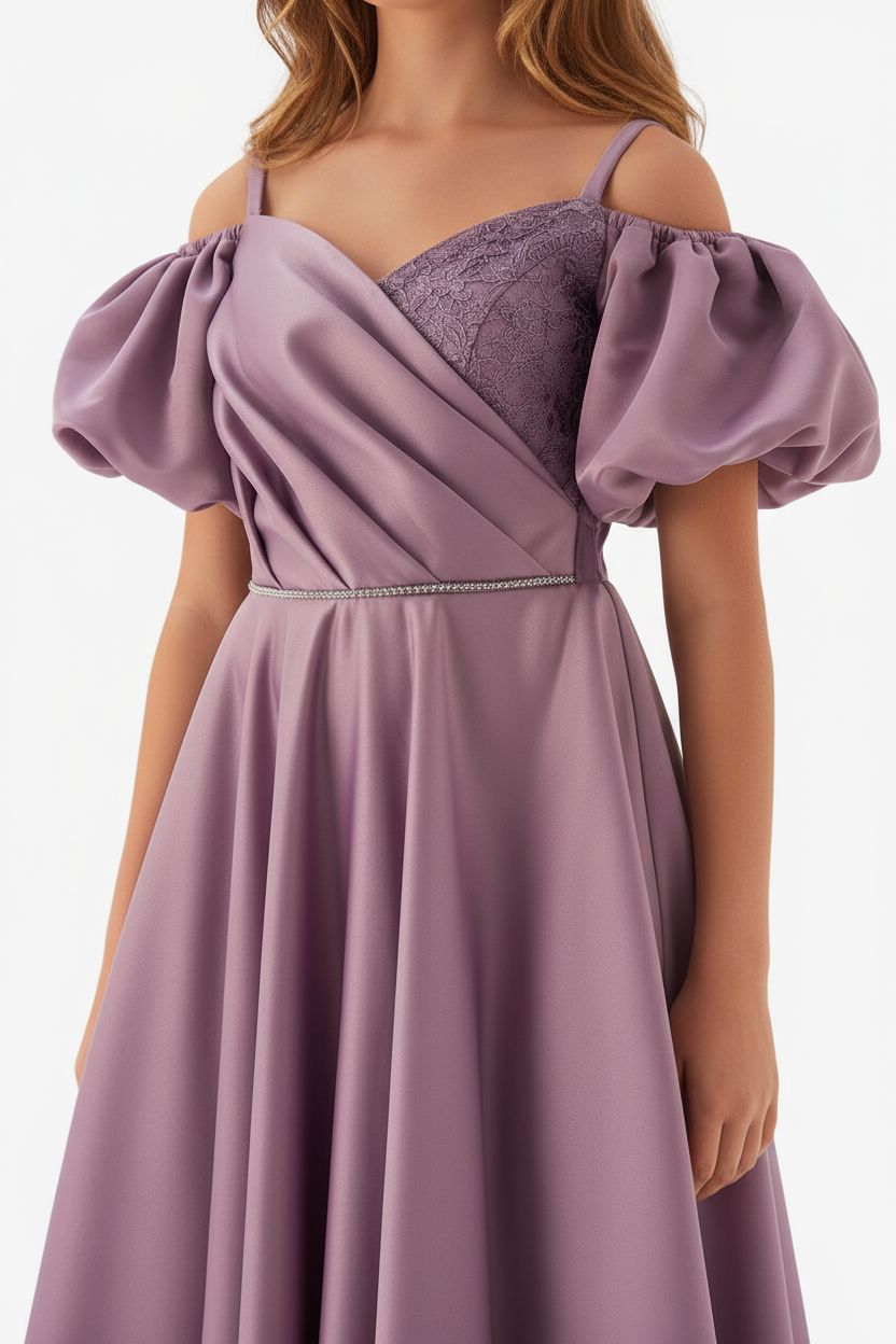 Purple Satin Off-Shoulder Maxi Dress with Wrapped Front General Helenakids 