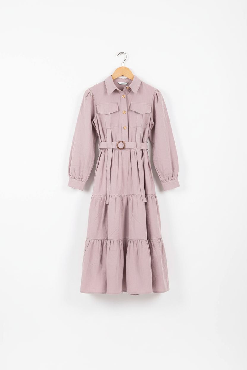 Dusty Mauve Cotton Tiered Shirt Dress with Ring Belt Detail DRESS PAFIM 