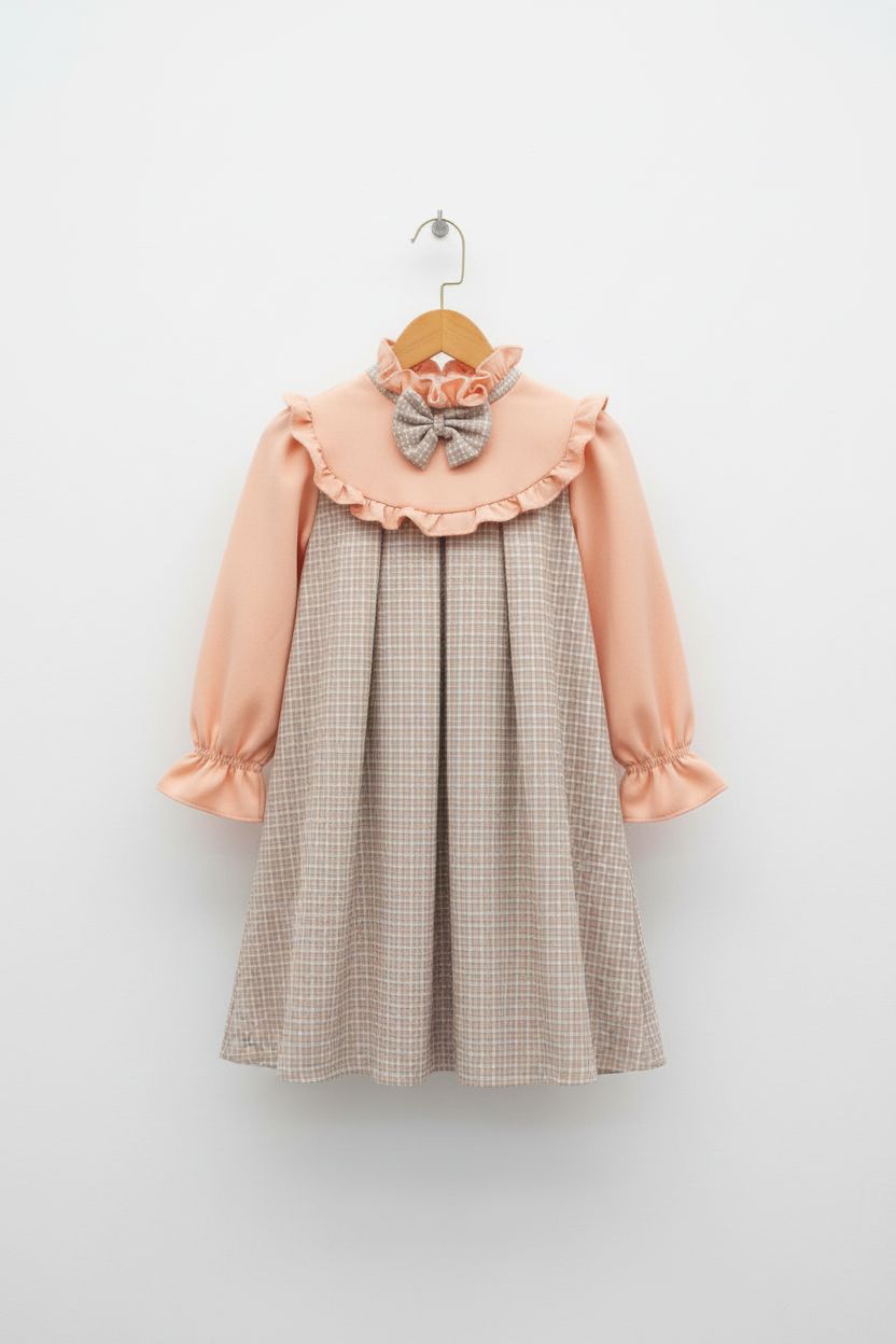 Coral & Beige Plaid Long Sleeve Dress with Bow Detail kids dress Himms 