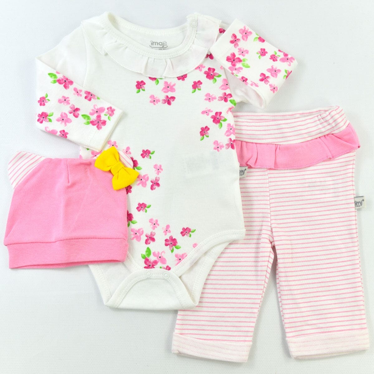 3-Piece Baby Girl Pajama Set - Floral Bodysuit, Striped Pants, & Hat General imaj 