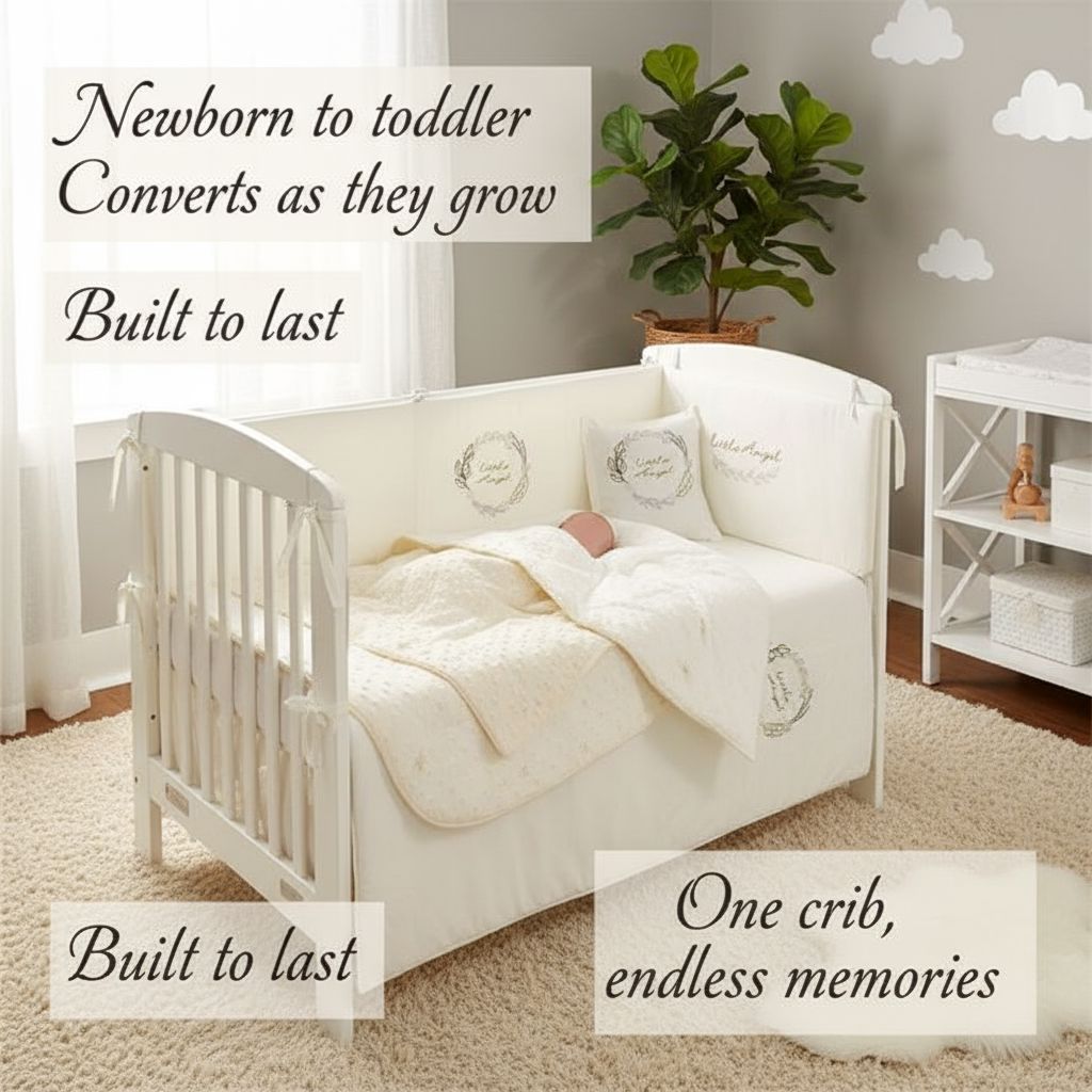 Meltem Smart Mia 3-in-1 Convertible White Wooden Crib with Off-White Bedding furniture Meltem Smart 
