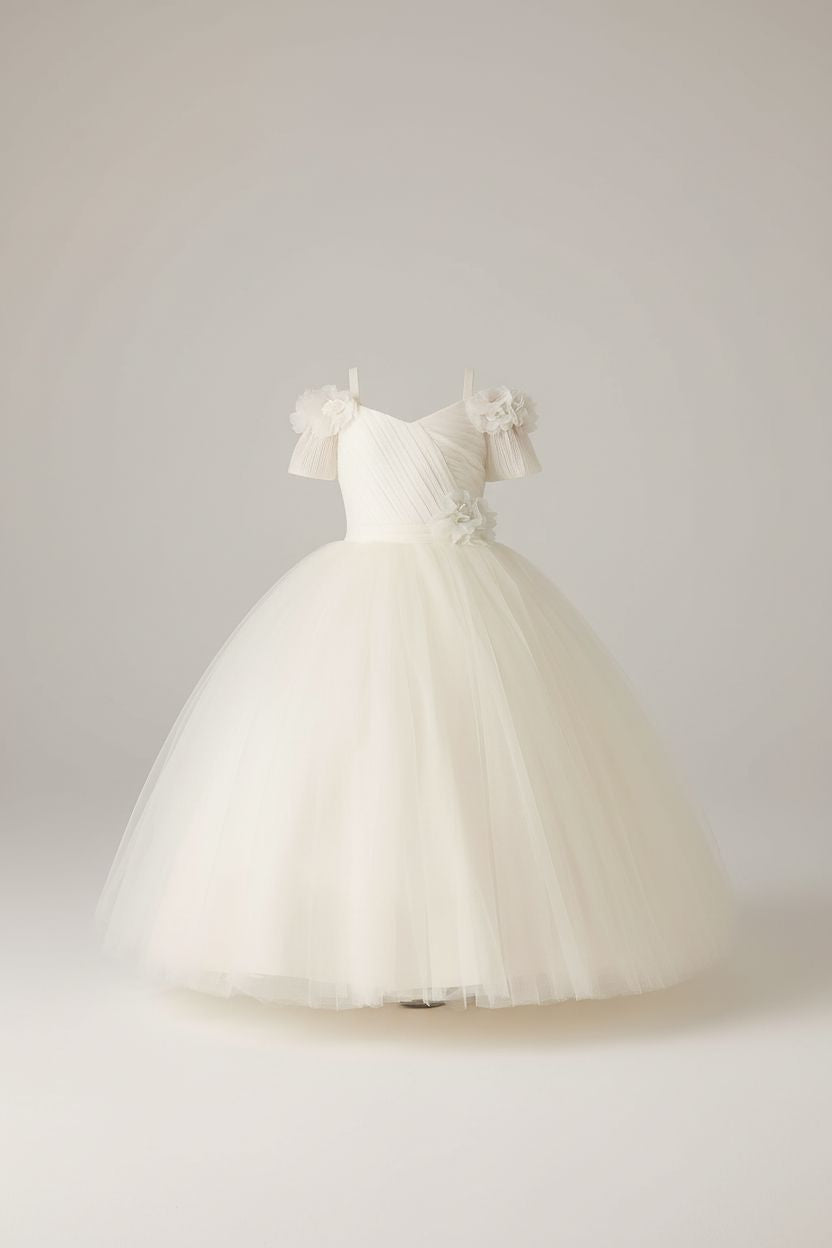 White Tulle Bridesmaid Dress with Floral Embroidery and Bow Teens party Dress MISS HELIN'A 