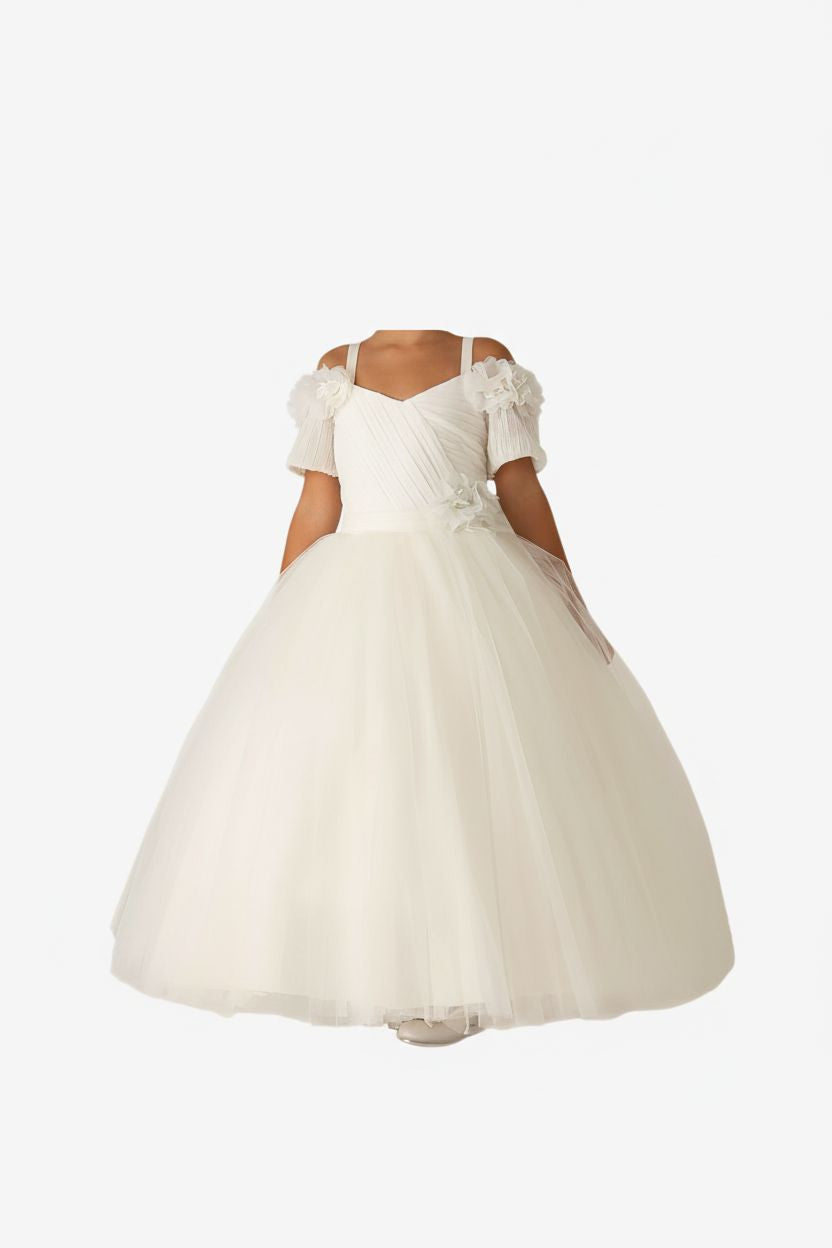 White Tulle Bridesmaid Dress with Floral Embroidery and Bow Teens party Dress MISS HELIN'A 
