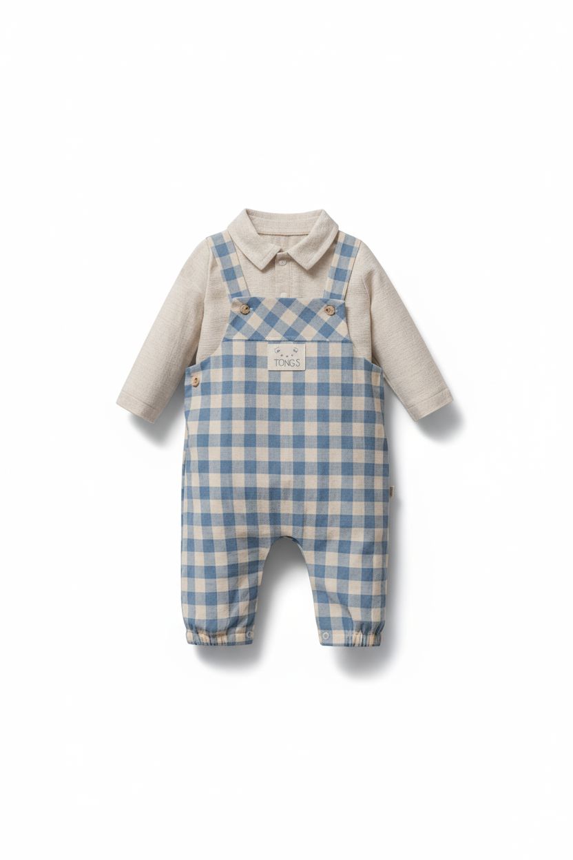 Blue Check Dungarees & Collared Shirt Set 2 pieces baby boy outfit TONGS 