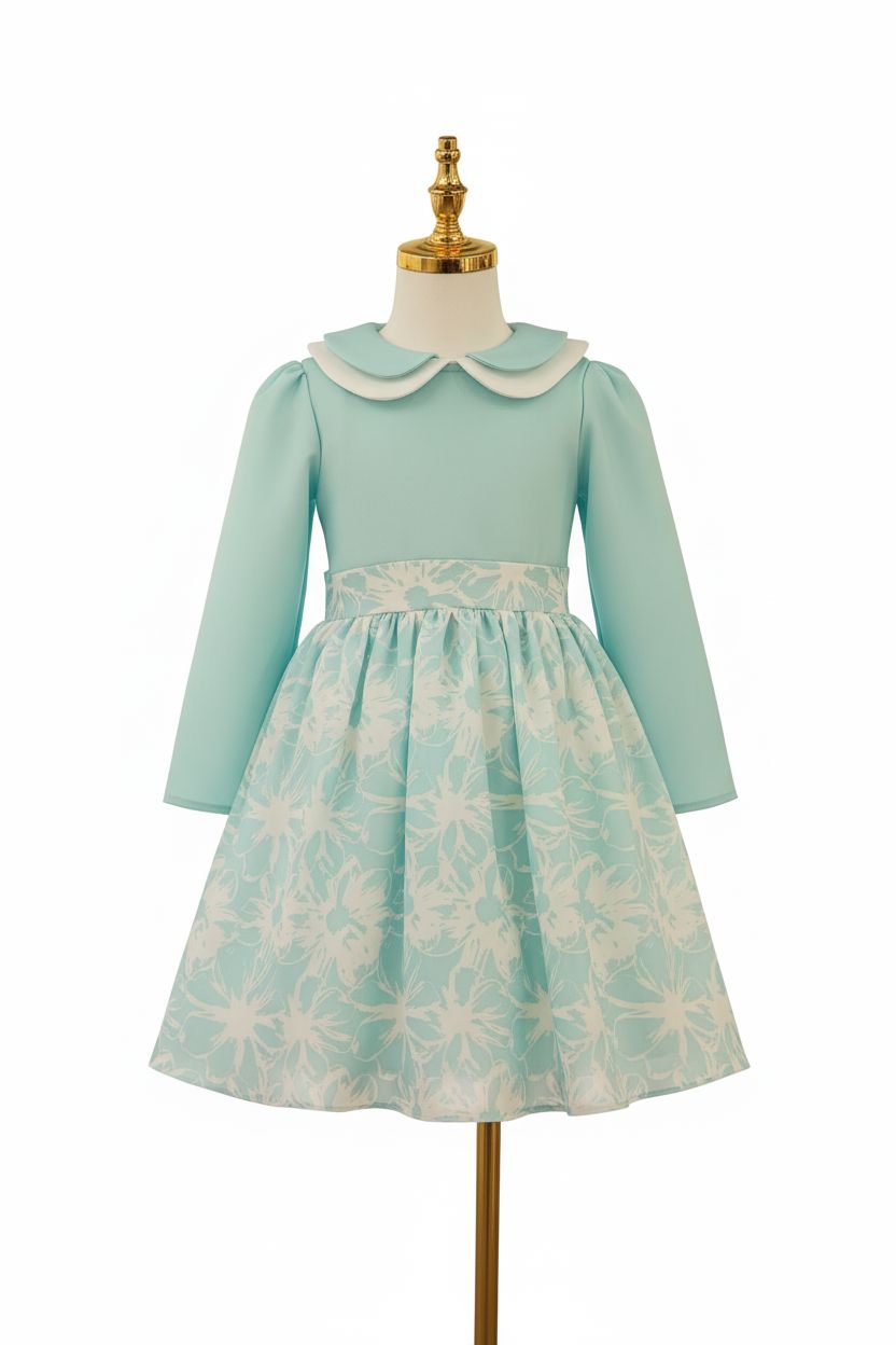 Turquoise Floral Jacquard Dress - Long Sleeve (8-13yrs) DRESS Himms 
