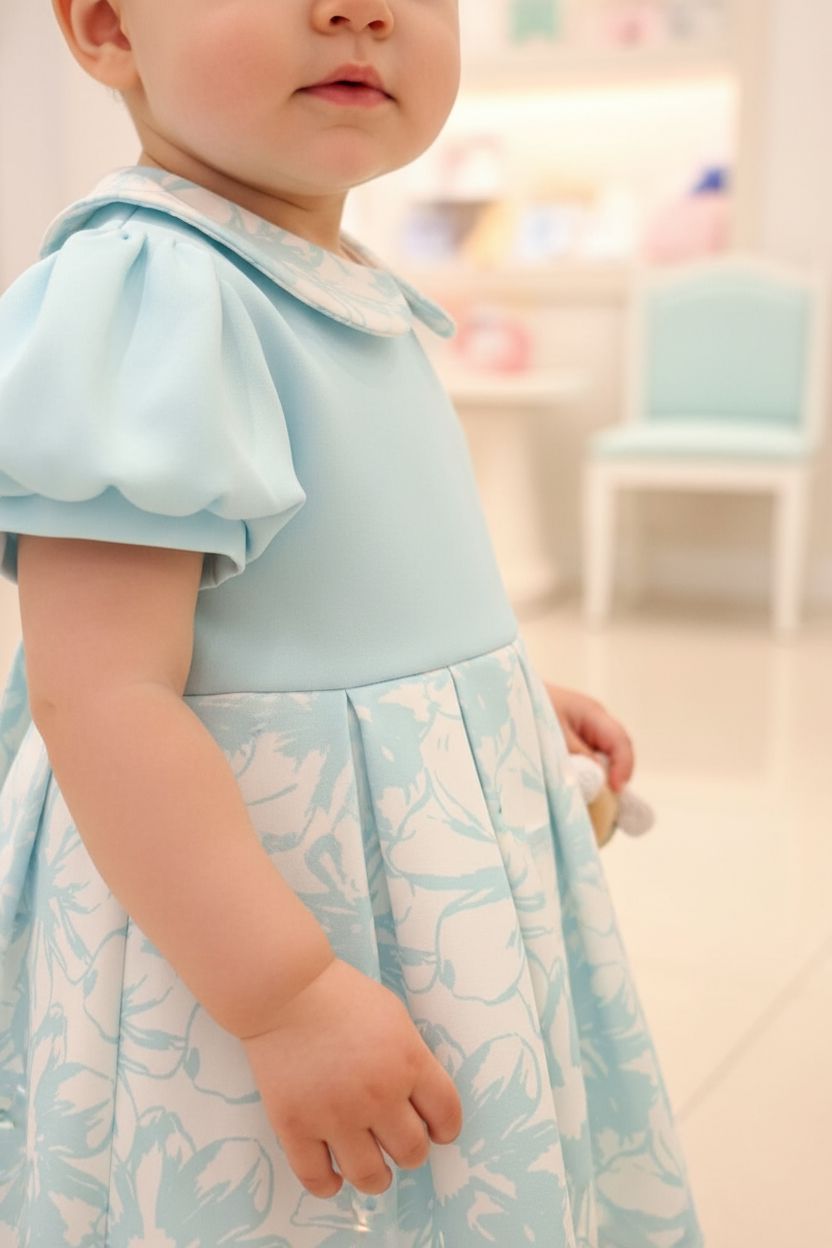 Turquoise Floral Jacquard Dress - Puff Sleeve (2-7yrs) Dress Himms 