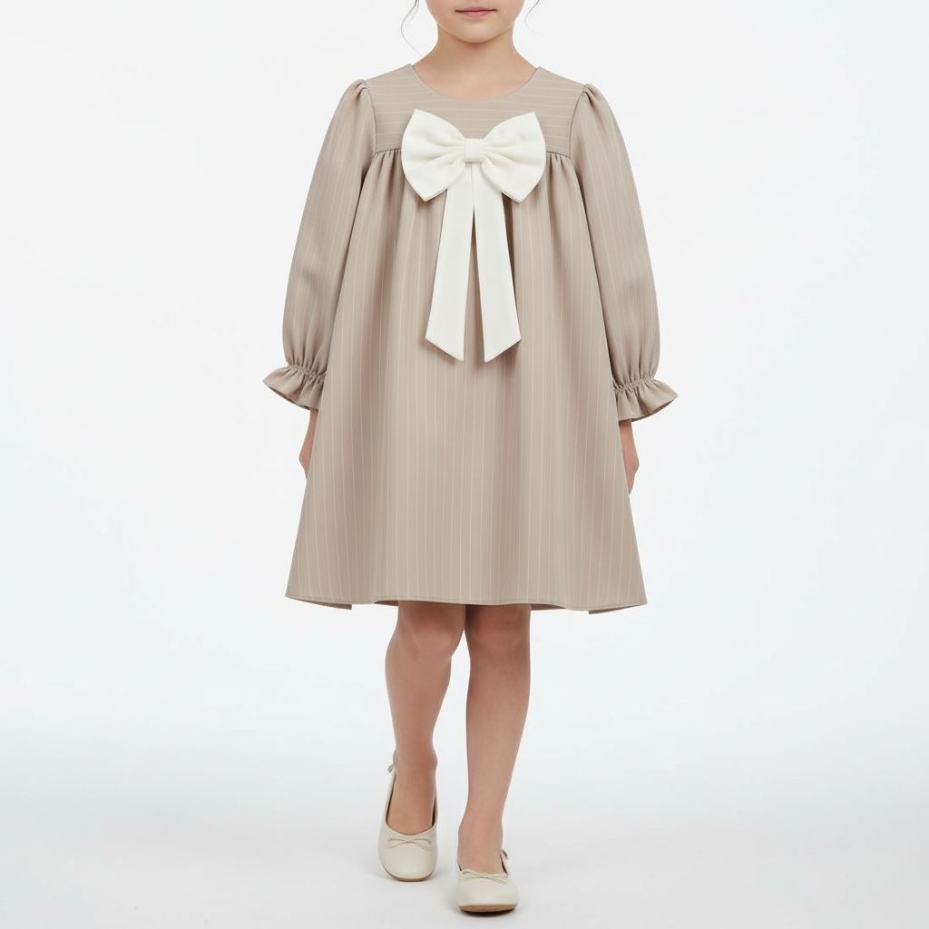 Beige Bow Detail Dress - Long Sleeve (8-13yrs) DRESS Himms 