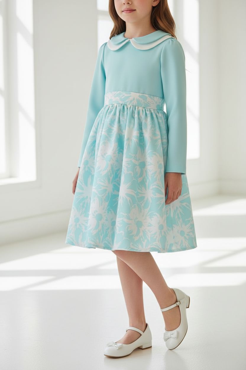 Turquoise Floral Jacquard Dress - Long Sleeve (8-13yrs) DRESS Himms 