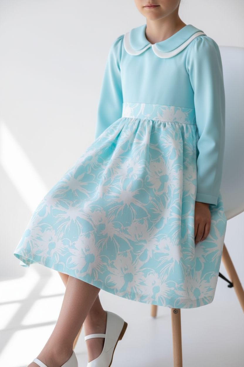 Turquoise Floral Jacquard Dress - Long Sleeve (8-13yrs) DRESS Himms 