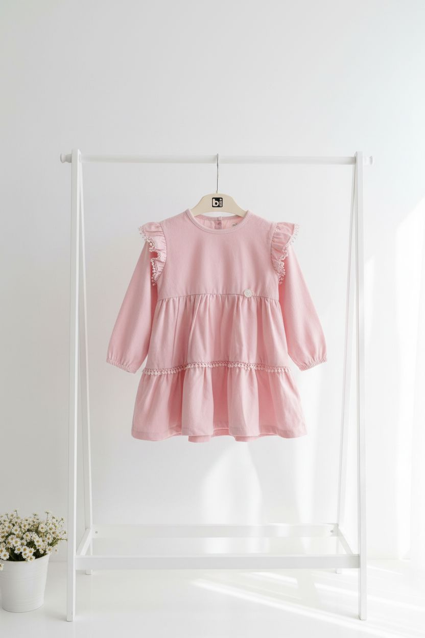 Pink Tiered Ruffle Dress with Scalloped Trim Baby dress Lorin Elbise 
