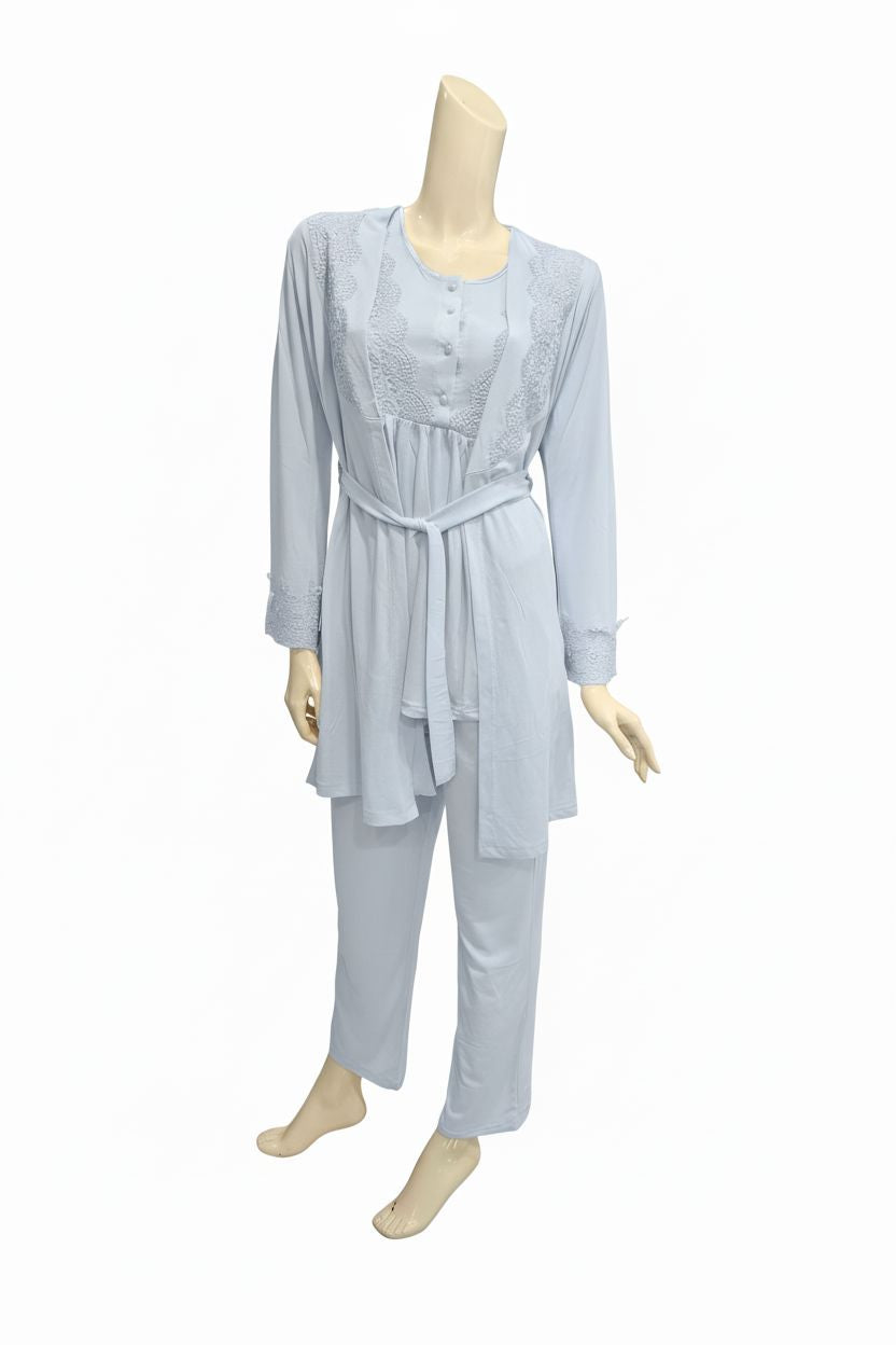 Lace-Detail 3-Piece Maternity & Nursing Pajama Set - Light Blue pajama Xses 