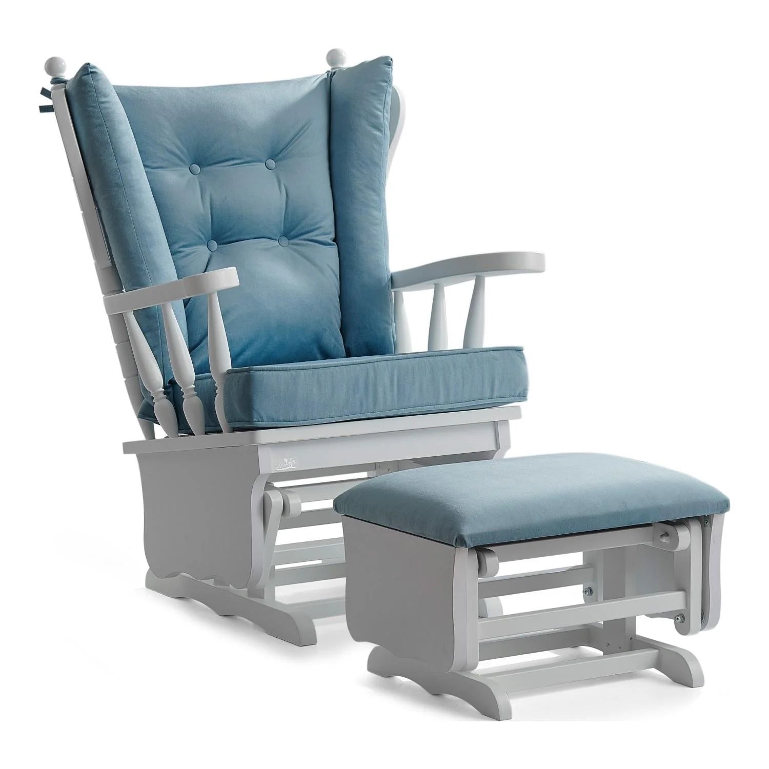 A white wooden rocking chair with a matching ottoman and tufted blue cushioned back and seat.