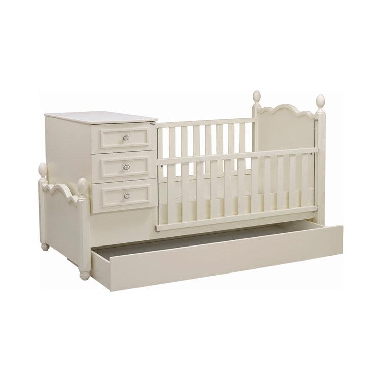 Meltem Kral Elegance Convertible Bed in cream, featuring a changing table top and three storage drawers. 