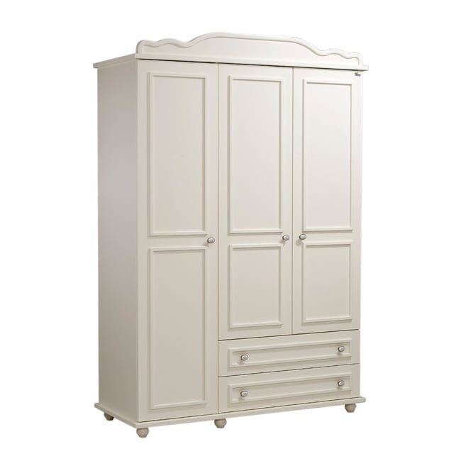 Elegant three-door cream wardrobe with ample storage for nursery essentials.