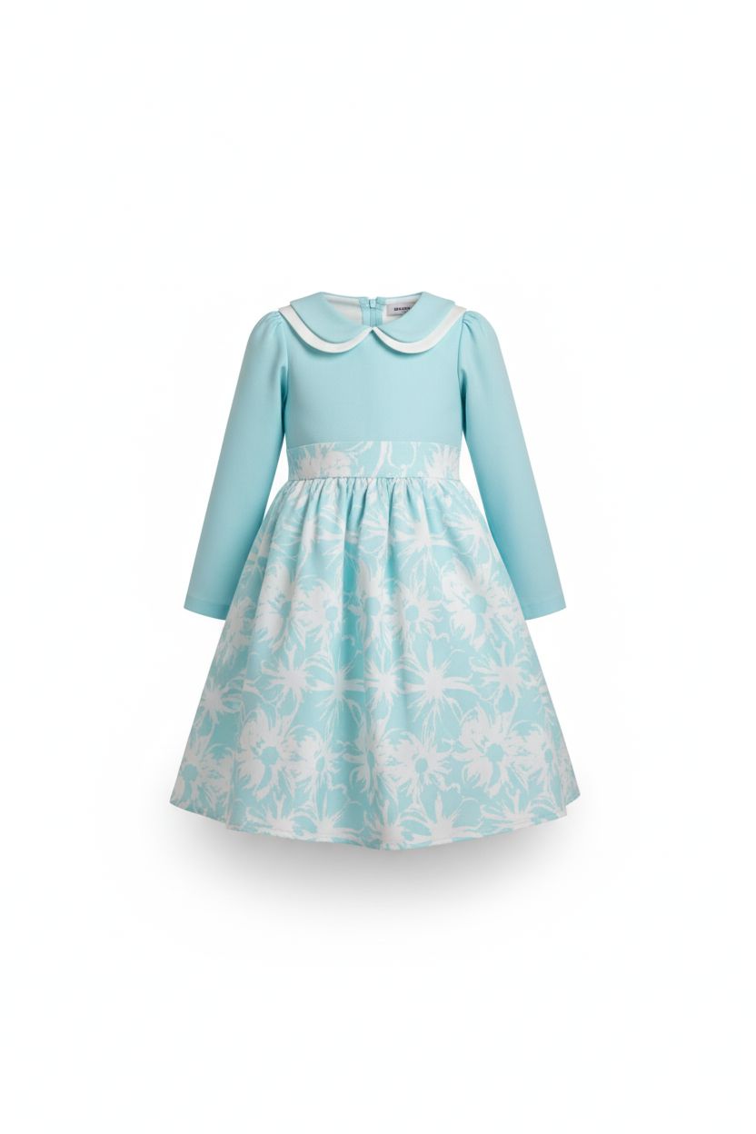 Turquoise Floral Jacquard Dress - Long Sleeve (8-13yrs) DRESS Himms 