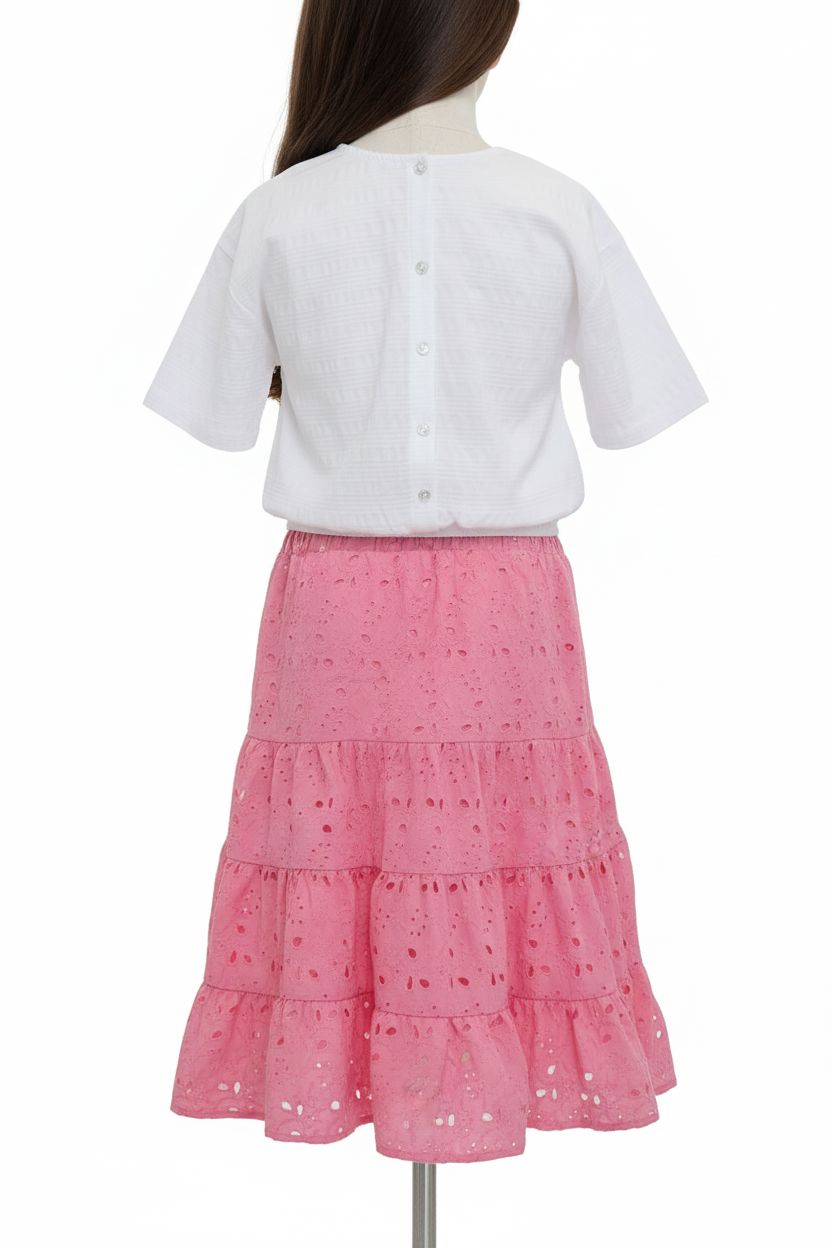 White Top and Pink Tiered Skirt Set (5-12 Years) girls outfit PAFIM 