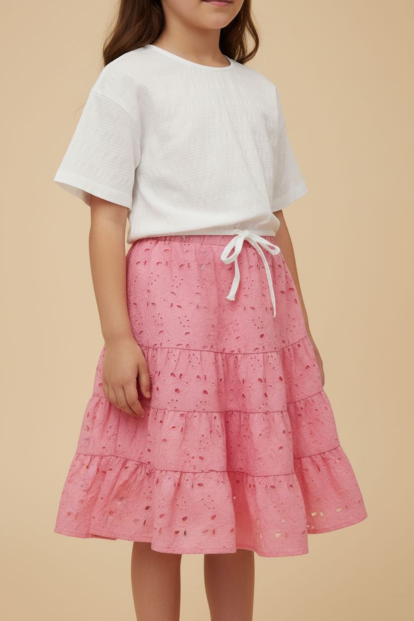 White Top and Pink Tiered Skirt Set (5-12 Years) girls outfit PAFIM 