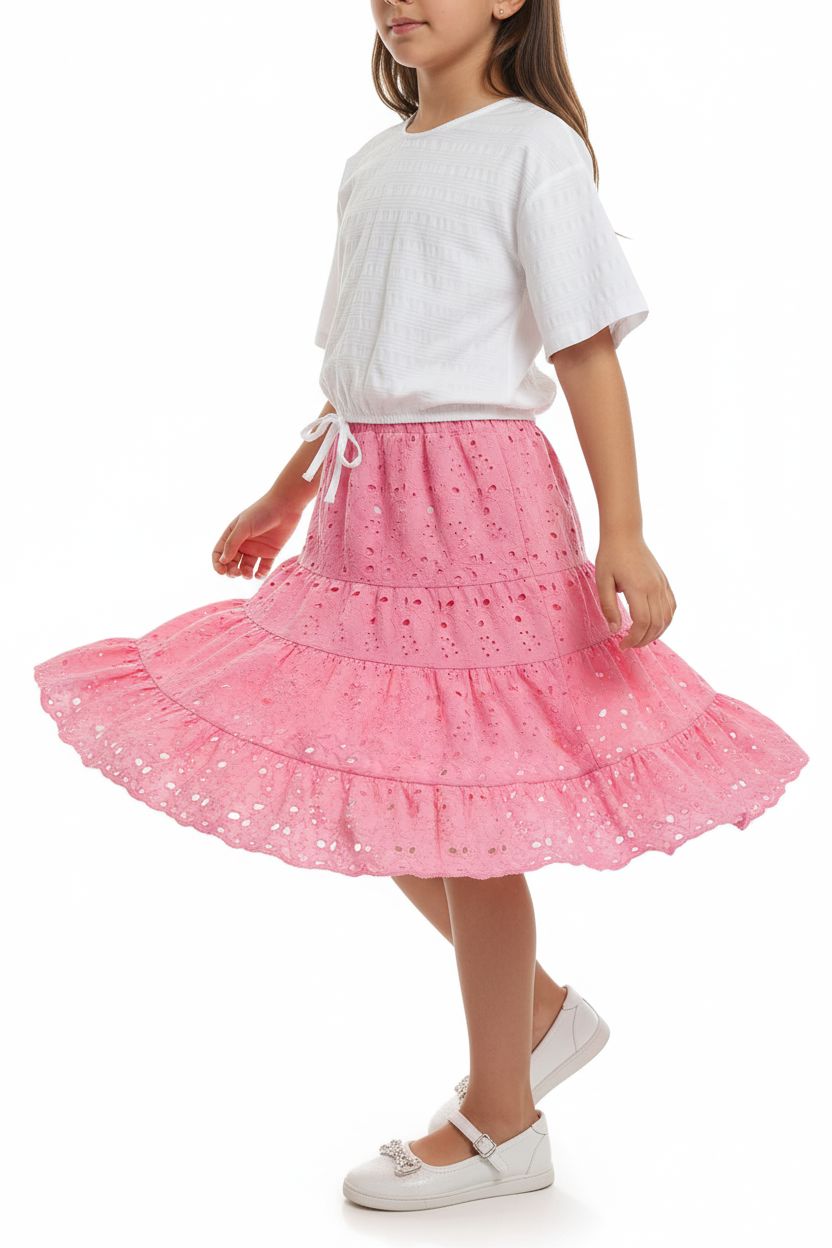 White Top and Pink Tiered Skirt Set (5-12 Years) girls outfit PAFIM 