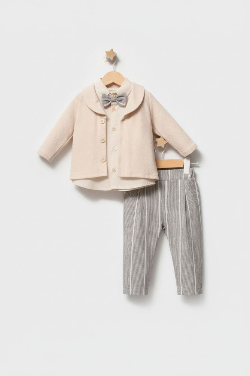 Beige 3-Piece Baby Boy Formal Set - Bow Tie & Striped Trousers Boys Formal Sets TONGS 
