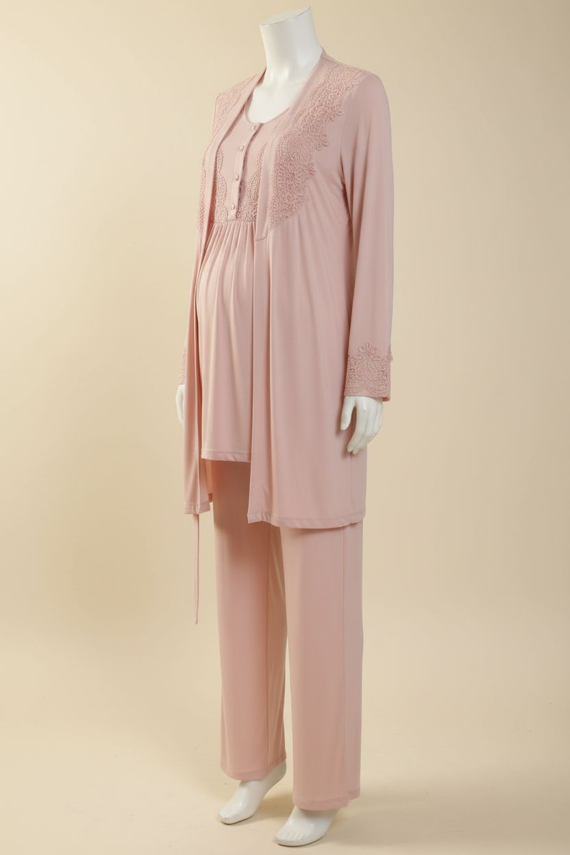 Lace-Detail 3-Piece Maternity & Nursing Pajama Set - Blush Pink pajama Xses 