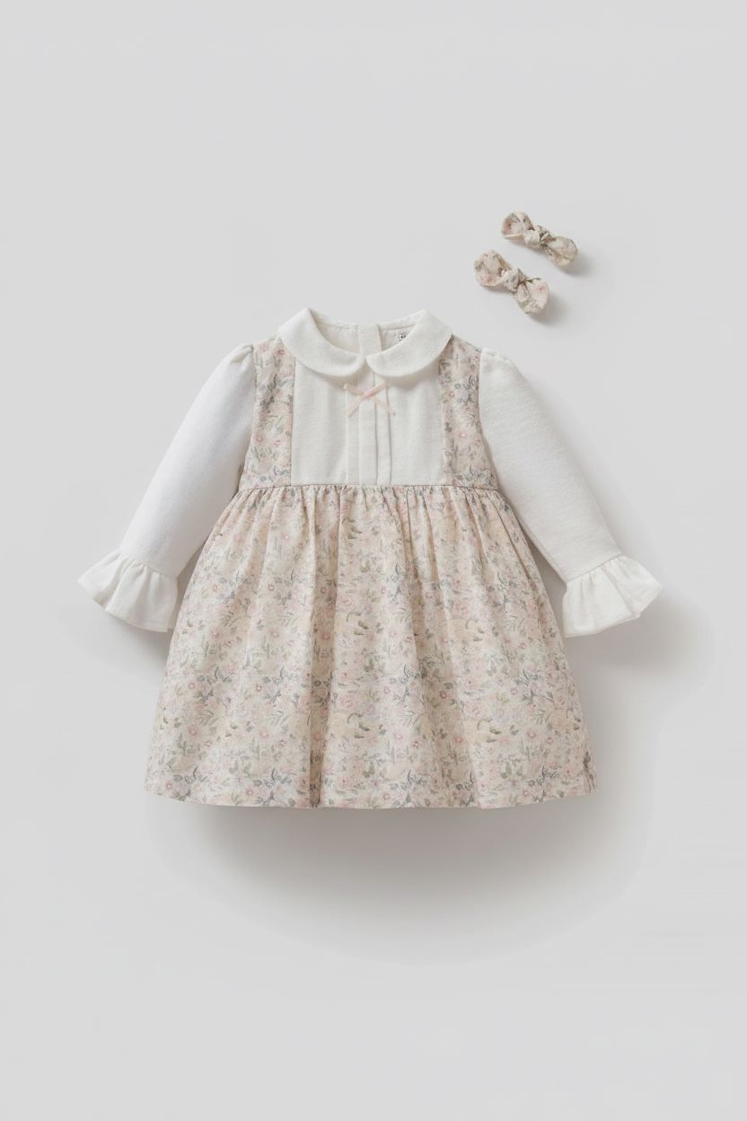 Baby Girl Ecru Floral Dress with Hair Pins Baby dress TONGS 