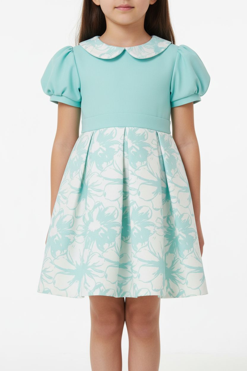 Turquoise Floral Jacquard Dress - Puff Sleeve (2-7yrs) Dress Himms 