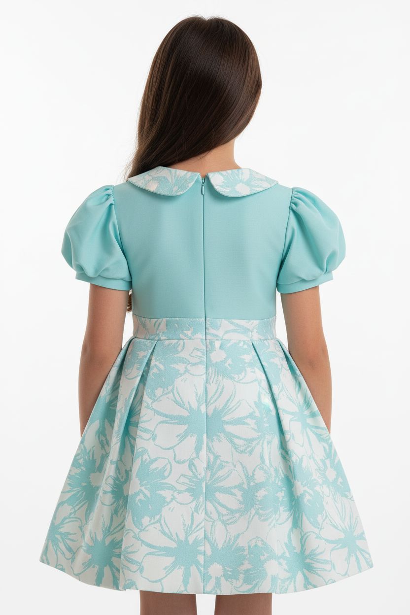 Turquoise Floral Jacquard Dress - Puff Sleeve (2-7yrs) Dress Himms 