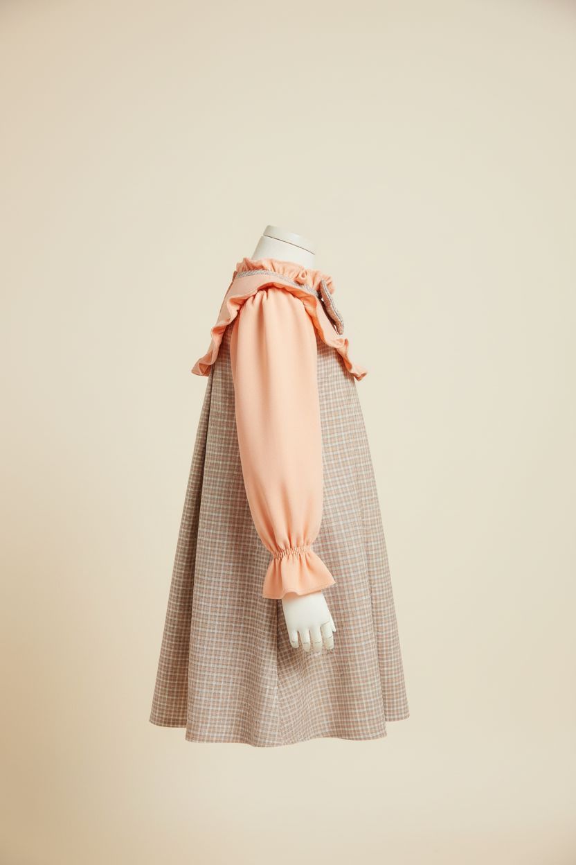 Coral & Beige Plaid Long Sleeve Dress with Bow Detail kids dress Himms 