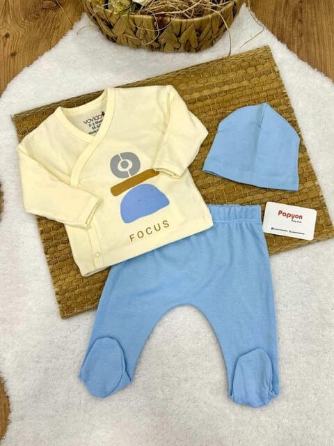 Baby boy 3-piece cotton outfit set, including top, pants, and hat, made in Turkey.