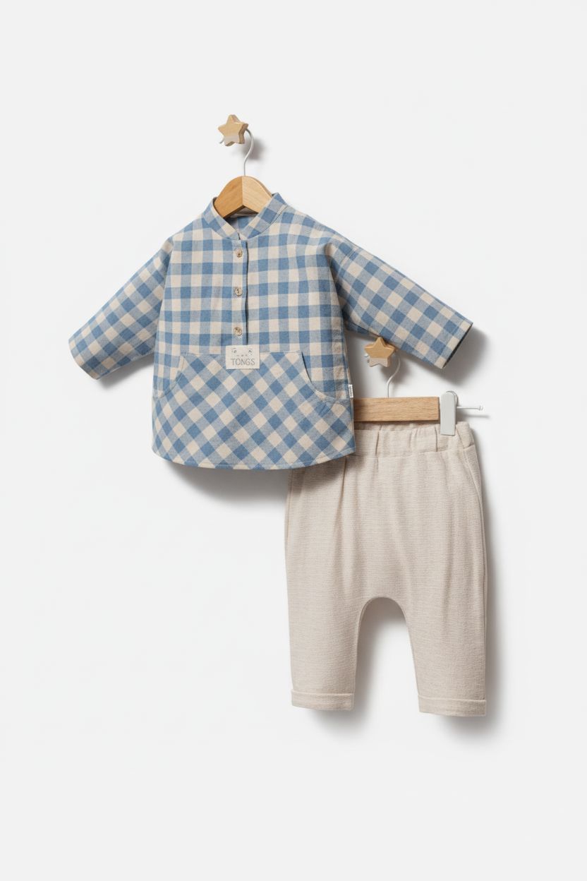 Blue Gingham 2-Piece Baby Boy Set - Shirt & Trousers 2 pieces baby boy outfit TONGS 