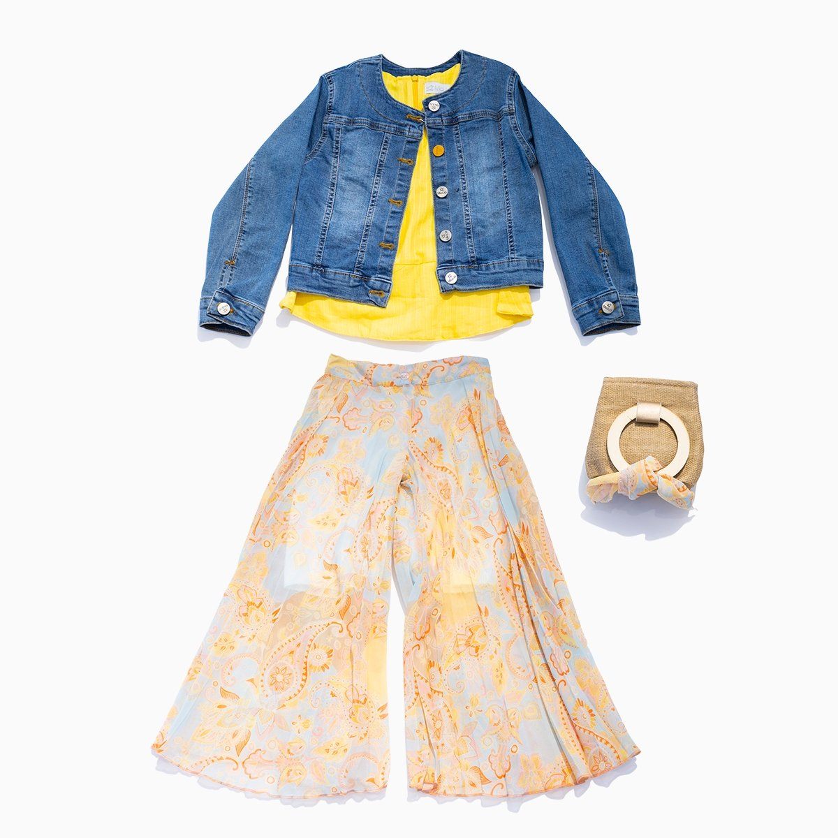 Jeans Jacket Top & Colorful Pants 4 Piece Girls Set - Yellow & Orange KIDS WEAR Mialia 