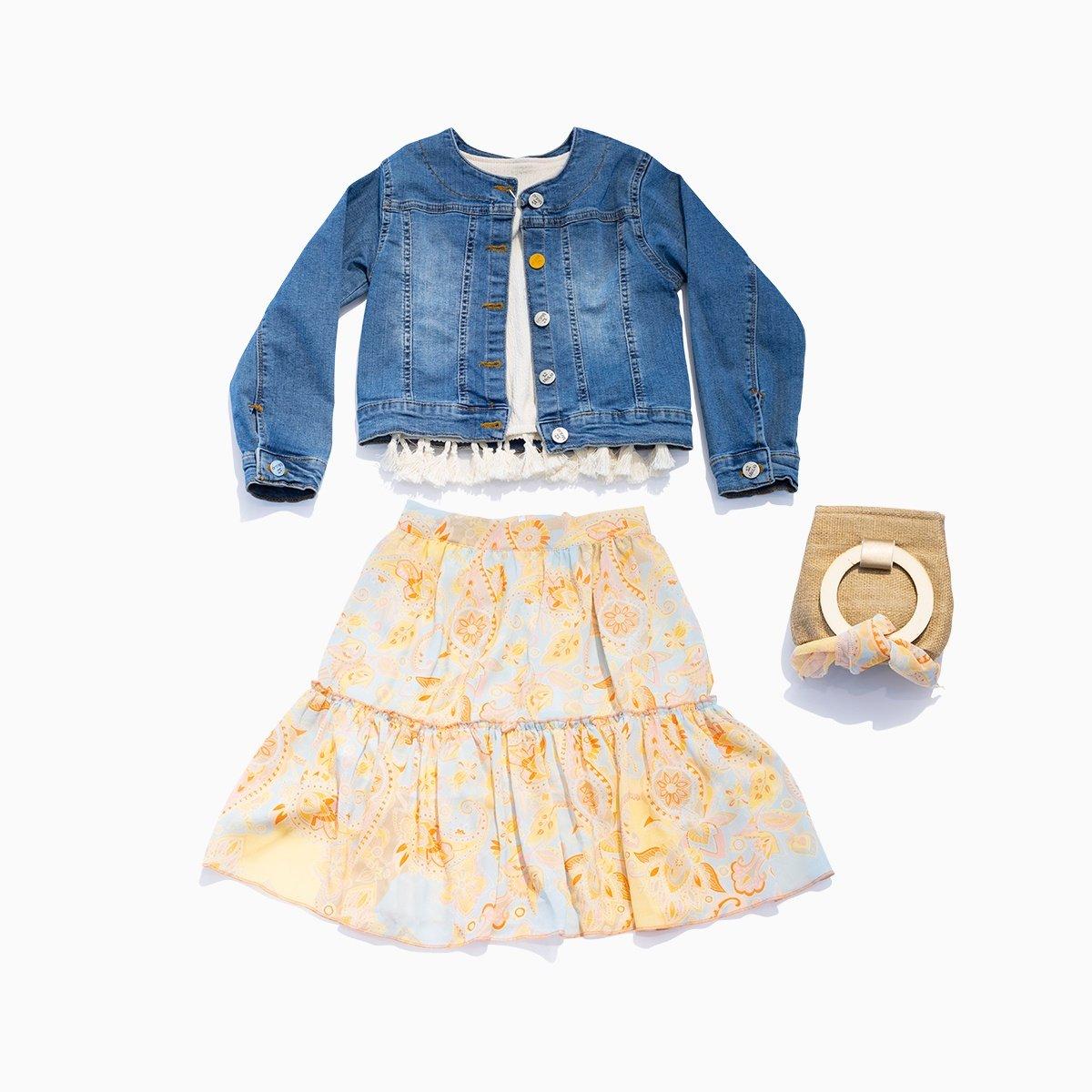 Jeans Jacket Top & Colorful Skirt 4 Piece Girls Set - Beige & Orange KIDS WEAR Mialia 