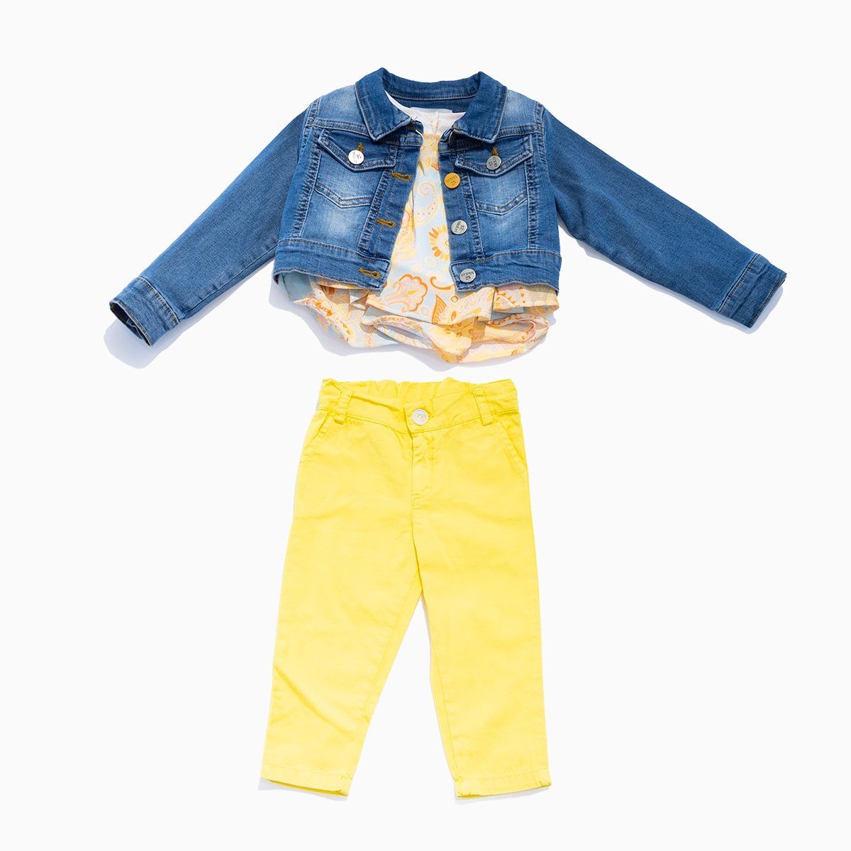 Jeans Jacket Top & Pants 3 Piece Toddler Set - Yellow & Orange KIDS WEAR Mialia 