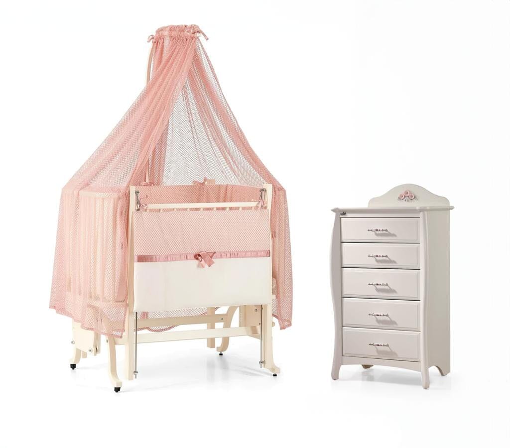 Princess Baby Girl Newborn Infant Toddler Bedroom Furniture Nursery Set, 3 levels Mum-Side Cradle Set (0-1 years old) With Wheels & Drawers Cabinet chiffonier, Drawers Chest (0-12 years old), Beech Wood Kids Girl Baby Room Chiffoner Bedroom Nursery Set General Meltem Smart 