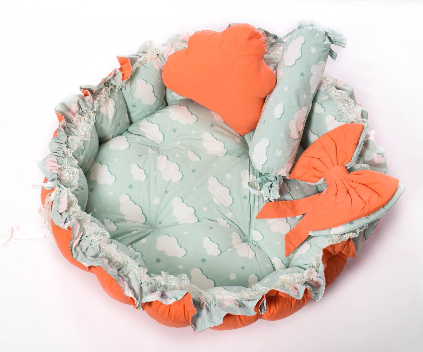 4 Piece Clouds Round Baby Nest Set - Mint & Orange BABY NEST Lamasat Nierah Department Store 