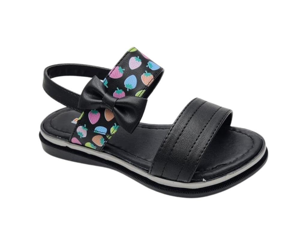 Black a colorful patterned strap and bow detail.
