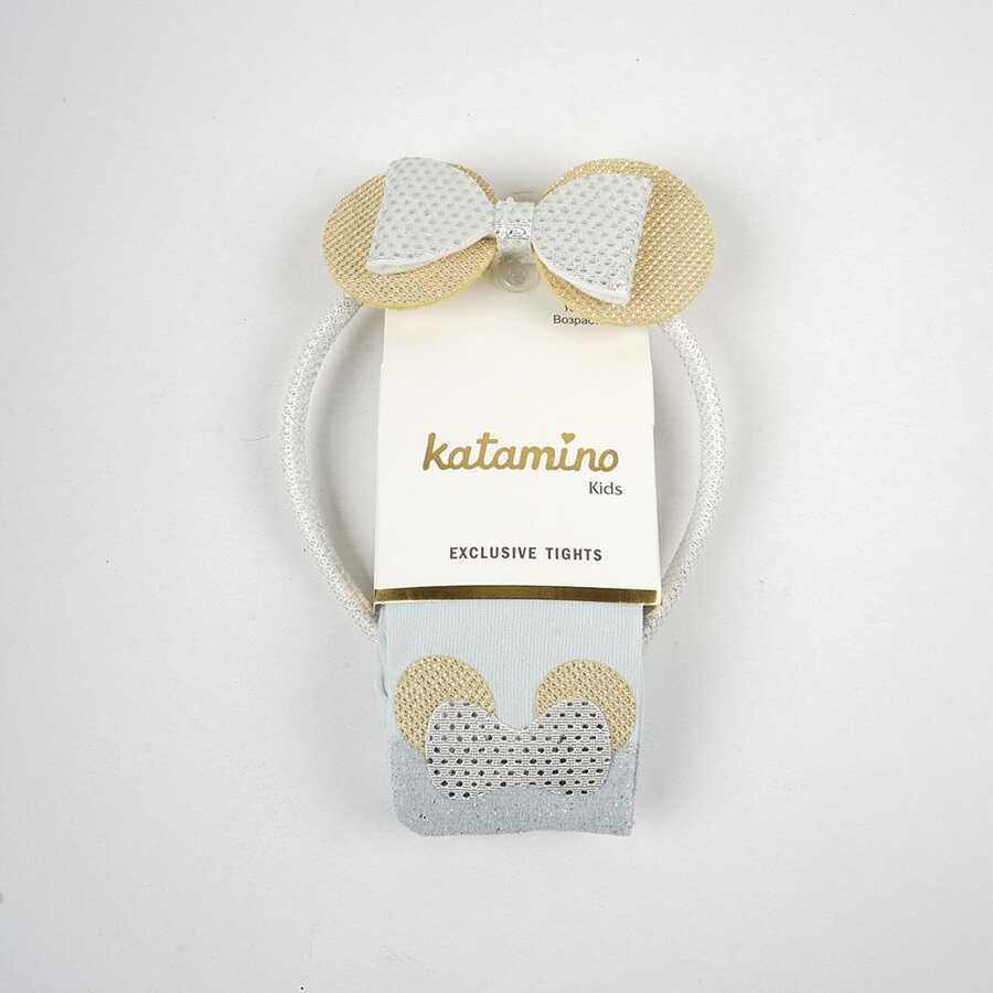 Cute Bow Girls Tights & Hairband Set - Grey & Gold General KATAMİNO 