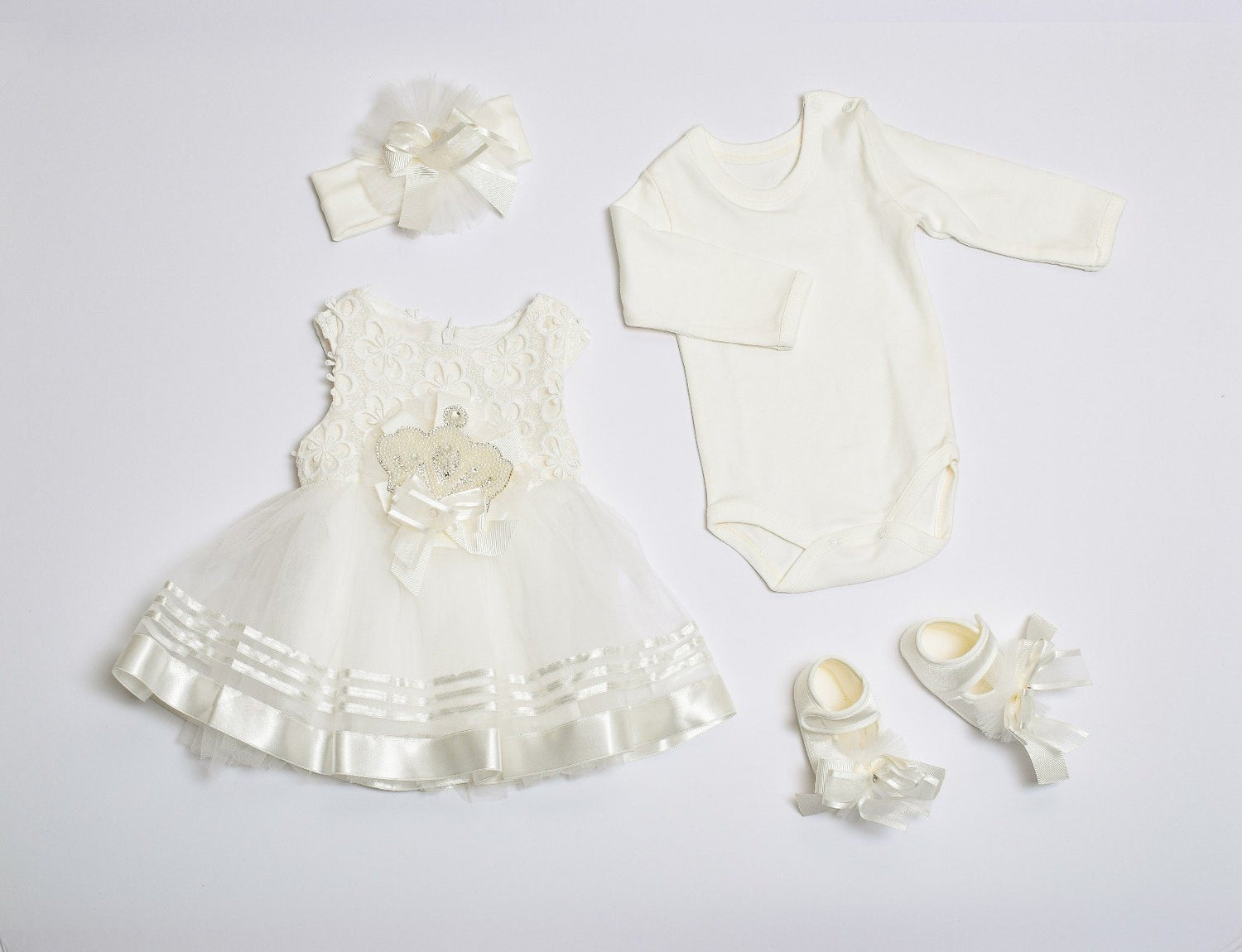 White Crown 4 Piece Newborn Baby Girl Dress Set 4 Pieces Set Girl Dress Eda Baby 